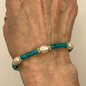 Fresh Water Pearl and Turquoise colored Heishi Beaded Bracelet + Magnetic Clasp